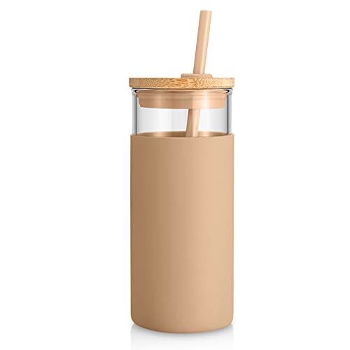 Tronco 20 oz Glass Tumbler with Lid and Straw, Iced Coffee Cup and Smoothie Cup with Bamboo Lids & Protective Silicone Sleeve, Dishwasher Safe, BPA-Free, Glass Cup 1 Pack