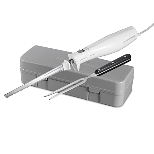 Hamilton Beach Electric Knife Set for Carving Meats, Poultry, Bread, Crafting Foam & More, Reciprocating Serrated Stainless Steel Blades, Ergonomic Design Storage Case + Fork Included, 5 Foot Cord