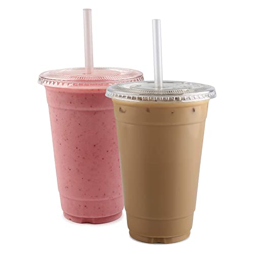 TashiBox Plastic Cups with Flat Lids 100 Sets 16 oz, Clear Crystal drink cups with lids