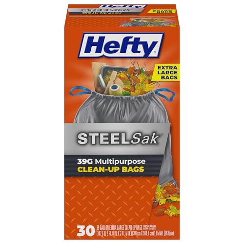 Hefty Steelsak Heavy Duty Large Trash Bags, Gray, Unscented, 39 Gallon, 30 Count