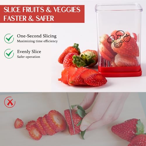 Fruit Slicer Cup | Strawberry Slicer | Stainless Steel Strawberry & Vegetable Slicer with Push Plate - Quickly Makes Fruit & Veggie Salad - Must Have Kitchen Gadget