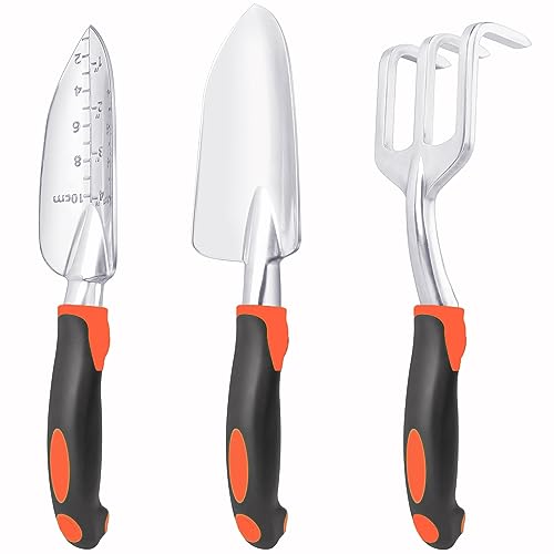 Garden Tools Set, 3 Pack Heavy Duty Gardening Tools Set Include Garden Shovel, Transplant Trowel and Hand Rake with Ergonomic Handle, Aluminum Alloy Lawn for Planting, Orange