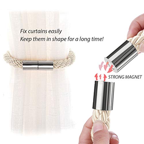 NICEEC 2 Pack Strong Magnetic Curtain Tiebacks Modern Simple Style Drape Tie Backs Convenient Decorative Weave Rope Curtain Holdbacks for Thin or Thick Home & Office Window Draperies (Beige)