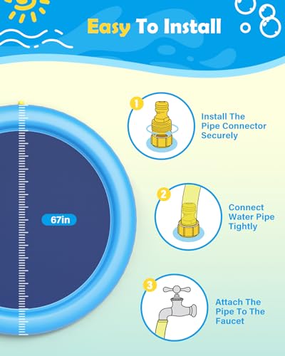 Peteast Splash Pad for Dogs & Kids - Anti-Slip Dog Pool for Large Dogs, 0.58 mm Thickened Durable Outdoor Water Play Mat, Summer Sprinkler Toy for Backyard (67in, Blue)