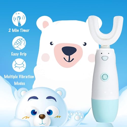 Meqtpomy Kids Electric Toothbrush,Toddler Toothbrush Waterproof Battery Powered 360 Automatic Sonic u Shaped Toothbrushes for 2-7 Years Old for Boys Girls,with 2 Replacement Brush Heads(Blue)