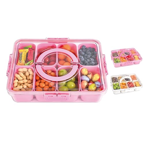Snackle Box Container, 8 Compartment Divided Serving Tray with Lid and Handle, Snack Box Container for Candy, Fruit and Snacks, Great for Gatherings, Outings, Parties and Entertaining(Pink)