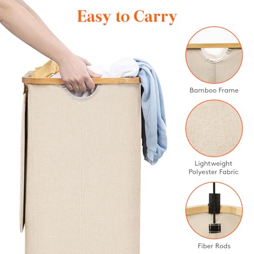 Lifewit 100L Laundry Basket with Lid, Clothes Hampers for Laundry with Bamboo Handles and 1 Removable Bag, Large Foldable Laundry Hamper for Bedroom, Bathroom, Dorm, Laundry Room, Beige