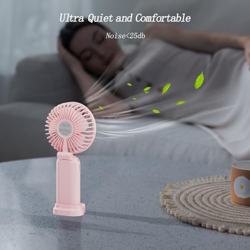 GOCKERA Portable Fan, 4200mAh Battery Operated Fan, 5 Speeds&Digital Display, Makeup Fans for Women with Base, 180°Foldable 3in1 Handheld/Neck/Desk Fan for Outdoor Indoor,Ultra Quiet (Pink)