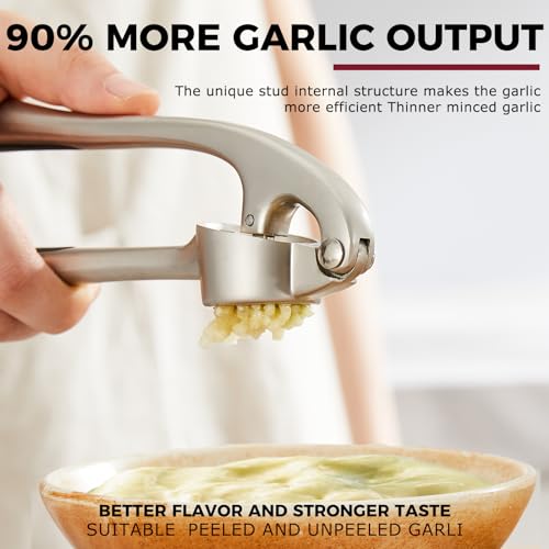 Kitessensu High Effective Garlic Press With Studs, Heavy Duty Garlic Mincer, Easy to Squeeze and Clean, Rust Proof & Dishwasher Safe, Ginger Crusher- Imperial Silver
