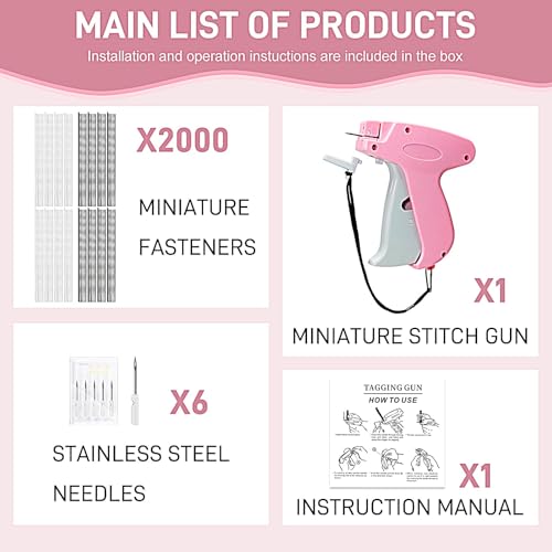 Stitch Gun for Clothes, Handheld Stitch Gun Quick Clothing Fixer,Sewing Kit Includes 1,000 Black Fasteners & 1,000 White Fasteners & 6 Needles (Pink)