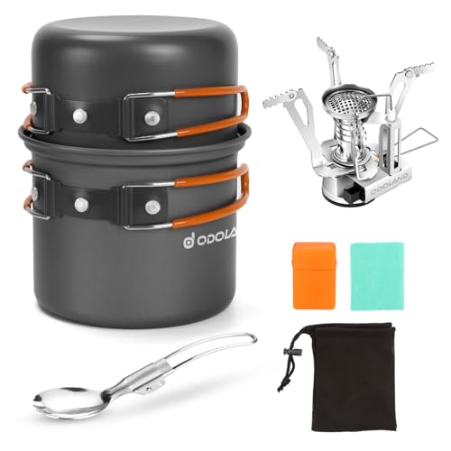 Odoland 6pcs Camping Cookware Mess Kit with Lightweight Pot, Stove, Spork and Carry Mesh Bag, Great for Backpacking Outdoor Camping Hiking and Picnic