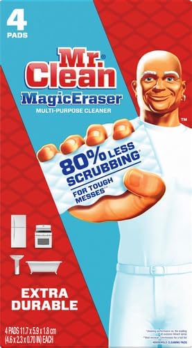 Mr. Clean Magic Eraser Sponge, All Purpose Cleaner, Cleaning Scrubber, Wall Cleaner, Sneaker Cleaner, Kitchen, Bathroom, Shower Cleaning Supplies, Melamine Sponge, Cleaning Pads, Extra Durable, 4ct