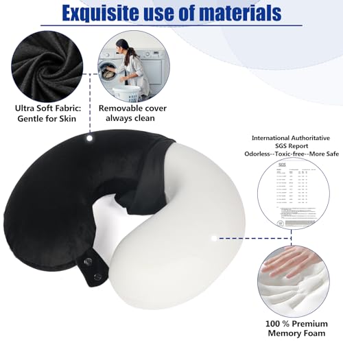 SAIREIDER Travel Pillow 100% Pure Memory Foam Travel Neck Pillow, Airplane Pillow for Traveling、Car、Home、Office,Washable Cover(Black)