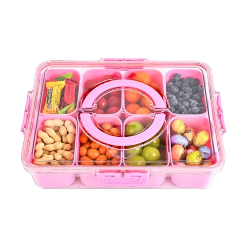 Snackle Box Container, 8 Compartment Divided Serving Tray with Lid and Handle, Snack Box Container for Candy, Fruit and Snacks, Great for Gatherings, Outings, Parties and Entertaining(Pink)