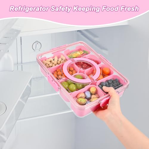 Snackle Box Container, 8 Compartment Divided Serving Tray with Lid and Handle, Snack Box Container for Candy, Fruit and Snacks, Great for Gatherings, Outings, Parties and Entertaining(Pink)