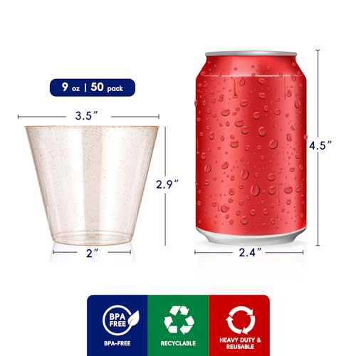 JOLLY CHEF 50 Pack 9 oz Glitter Plastic Cups, Disposable Gold Cups, Clear Plastic Tumblers for Weddings Thanksgiving, Christmas Parties