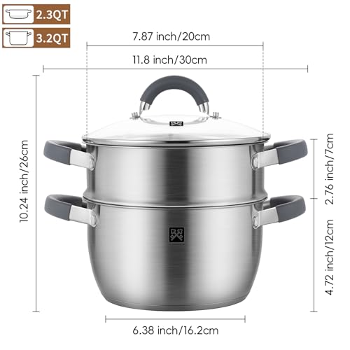 GOLDEN KEY 3.2 QT Steamer Pot With Lid - 2-Tier 18/8 Stainless Steel,Multipurpose Steaming Cookware with Vegetable Steam Basket, Oven & Dishwasher Safe, Triple Bottom for Even Heating, Perfect for Dumplings, Seafood and Vegetables