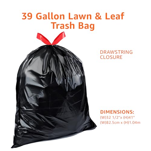 Basics 39 Gallon Lawn & Leaf Heavy Duty Drawstring Trash Bags, 20% Post Consumer Recycled, 40 Count, Black