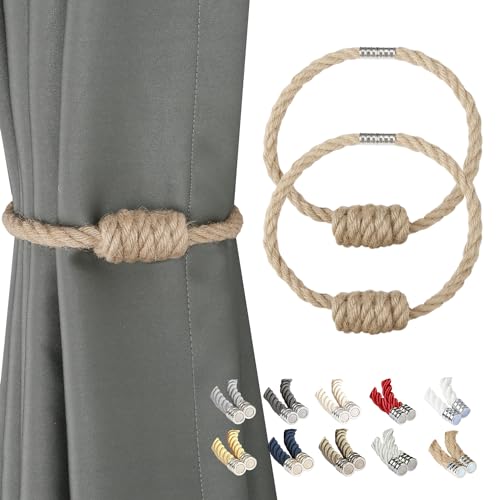 BEL AVENIR Magnetic Jute Curtain Tiebacks, Decorative Drapery Holdbacks Bohemian Style Woven Tie-Backs with Exquisite Knot (Jute, 2 Pack)