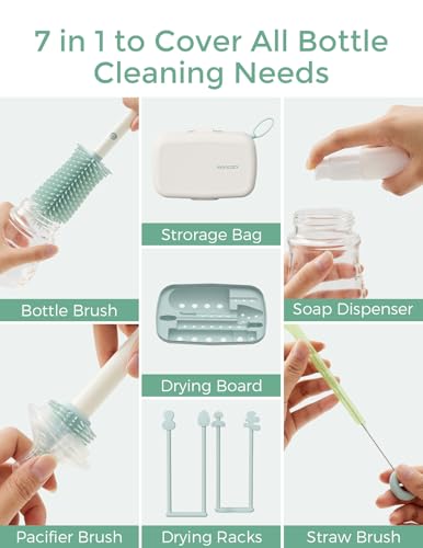 Momcozy Bottle Brush Set - Baby Bottle Cleaner Kit with Silicone Brush, Nipple Brush, Straw Brush, Soap Dispenser, Drying Rack - 7 in 1 Bottle Cleaning Tool for Home and Travel, Green