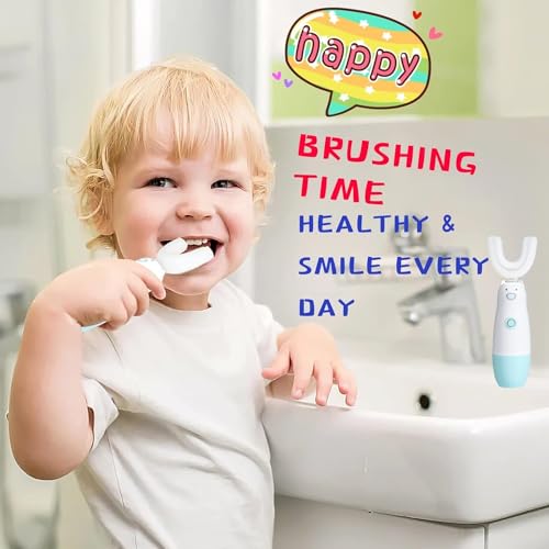 Meqtpomy Kids Electric Toothbrush,Toddler Toothbrush Waterproof Battery Powered 360 Automatic Sonic u Shaped Toothbrushes for 2-7 Years Old for Boys Girls,with 2 Replacement Brush Heads(Blue)