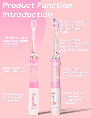 SEAGO Kids Electric Toothbrush with 2 Mins Brushing Timer and 4 Replacement Brush Heads, Rainbow LED Light Makes Brushing Fun, Boys Battery Powered Toothbrush for 4-12 Years Old,SG-977(Pink)