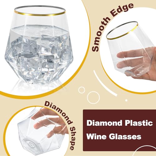 Goodluck 40 PCS Diamond Stemless Plastic Wine Whiskey Glasses, 12 Oz Disposable Cocktail Glasses, Suitable for Weddings, Birthday Parties, Family Gatherings, Bars, etc (Gold rimmed cups)