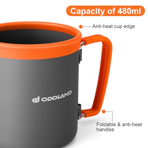 Odoland Camping Pots with Heat Exchanger Camping Cooking Set with Portable Camping Stove Camping Mess Kit Include Mug, Folding Utensil Set, Canister Stabilizer for Backpacking Outdoor Hiking & Picnic
