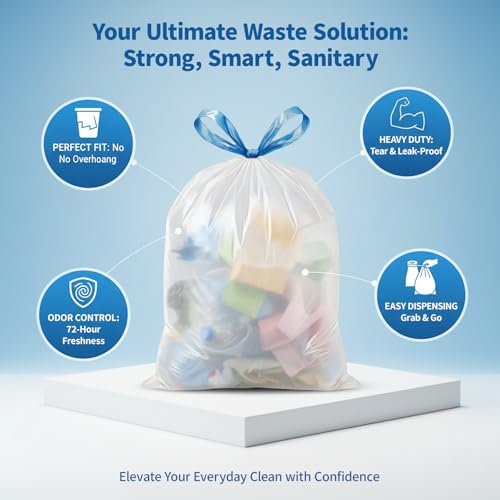 18 Gallon Trash Compactor Bags with Drawstring - 120 Count Heavy Duty 1.7 Mil Garbage Bags 68 Liter Tall Kitchen Bin Liners Unscented White for Home Yard Lawn