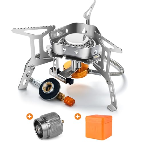 Odoland 3500W/6800W Windproof Camp Stove Camping Gas Stove with Fuel Canister Adapter, Piezo Ignition, Carry Case, Portable Collapsible Stove Burner for Outdoor Backpacking Hiking and Picnic