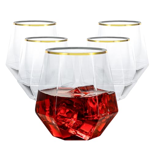 Goodluck 40 PCS Diamond Stemless Plastic Wine Whiskey Glasses, 12 Oz Disposable Cocktail Glasses, Suitable for Weddings, Birthday Parties, Family Gatherings, Bars, etc (Gold rimmed cups)