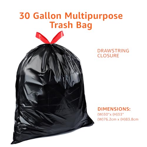 Basics 30 Gallon Multipurpose Drawstring Trash Bags, 20% Post Consumer Recycled, Black with Red Drawstring, 50 Count