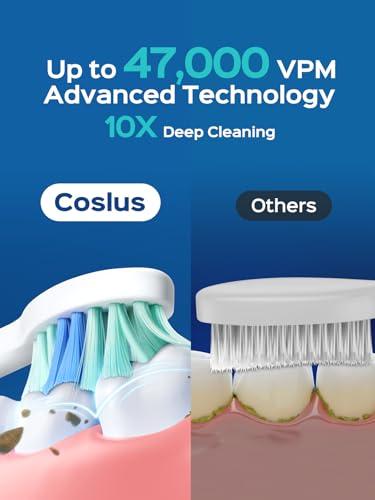 COSLUS Sonic Electric Toothbrush for Kids & Adults C40(DY-108Pro): 47000 VPM for Deep Cleaning with Travel Case - 5 Modes for Sensitive Teeth & Braces, Wireless Charging, 6 Brush Heads, Pink (1PC)