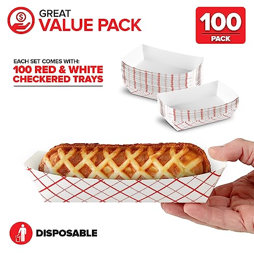 Stock Your Home Medium Paper Food Boats (100 Pack) – 2 lb Disposable Red & White Checkered Trays, Eco-Friendly Serving Boats for Concessions, Nachos & Condiments (4.5" x 2.75")