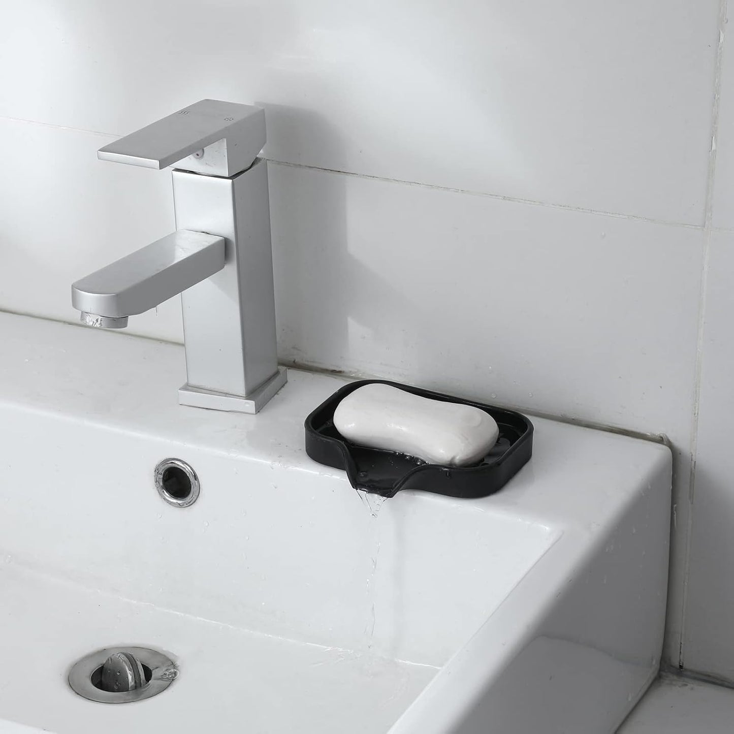 Silicone Bathroom Soap Dishes with Drain Spout-Bathroom and Kitchen Sink Organizer,Sponge Holder,Dish Soap Tray,Perfect for Dispenser,Scrubber,Bottle,Cup on Sink or Counter-Black 4.9"×3.2"