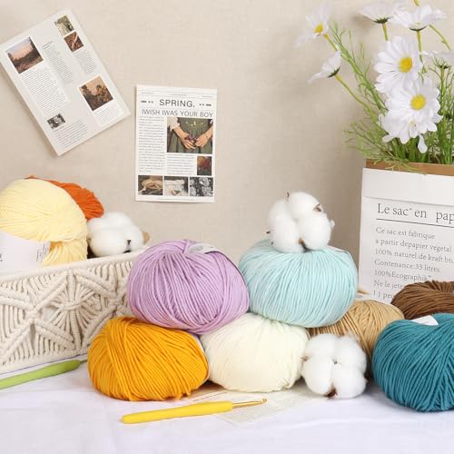 Katech 20 Skeins Cotton Yarn for Crocheting-55% Cotton 45% Acrylic-#3 DK (Light)-Super Soft Milk Cotton Yarn-Great Crochet and Knitting Starter Kit for Colorful Craft(Color A)