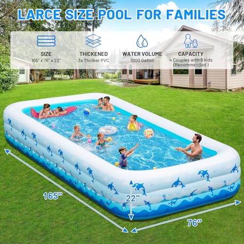 Extra Large Inflatable Swimming Pool β 165" x 76" x 22" Oversized Blow Up Pool for Adults, Big Family Backyard Pool with Pump, Thickened Kiddie Pool for Summer Water Party, Easy Set Up