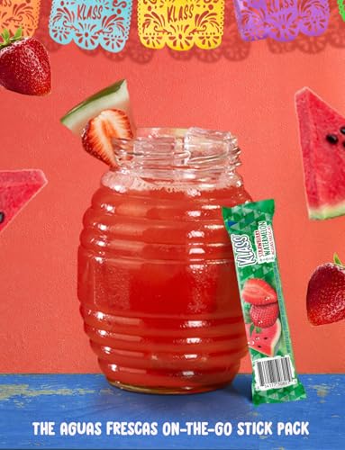Klass Aguas Frescas, Powdered Drink Mix Variety Pack, 44 Singles Zero Sugar & Caffeine-Free Powder Packets, Water Drink Mix, Flavors: Cucumber Limeade Pineapple Tangerine Strawberry Watermelon & Hibiscus Berries - 5 Calories Per Packet & Natural Flavors