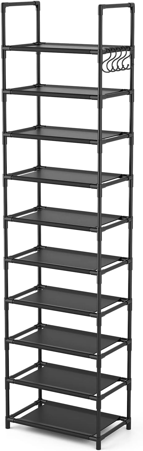 10 Tiers Tall Shoe Rack 20-25 Pairs Boots Organizer Storage Sturdy Narrow Shoe Shelf for Entryway, Closets with Hooks, Black