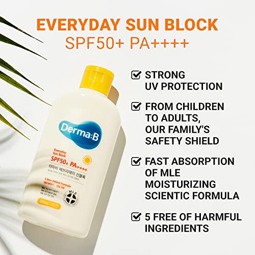 Derma B Everyday Sun Block Large Size Sunscreen SPF50+ PA++++ 6.71 Fl Oz, 200ml Fast-Absorbing Lightweight SPF Moisturizer, Facial Body Non-Sticky for Dewy Skin, Korean Protection Lotion