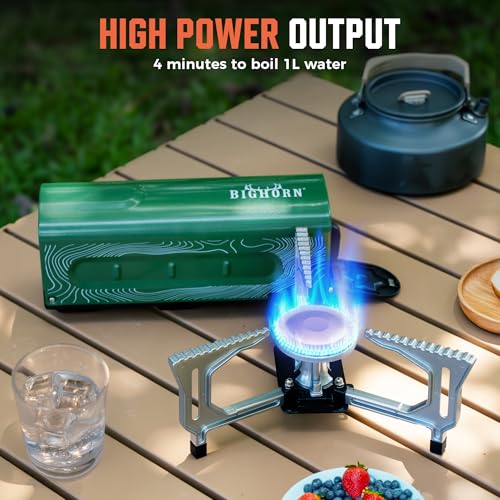BIG HORN OUTDOORS Butane Camping Stove, Portable Folding Gas Burner with Carry Bag for Camping, Emergency Use and Outdoor Cooking