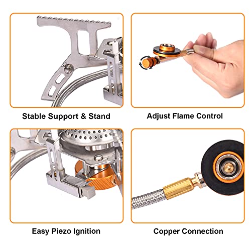 Portable Camping Gas Stove with 1LB Propane Tank Adapter, Foldable Camp Stove Backpacking Stove with Piezo Ignition for Outdoor Hiking Cooking Burner