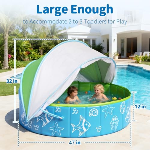 47.3" Foldable Baby Pool with Canopy, Hard Plastic Pool Suitable for Kids Toddler Kiddie, Designed for Use in Backyard, Beach, Park, Blue and Green(No Sprayer)