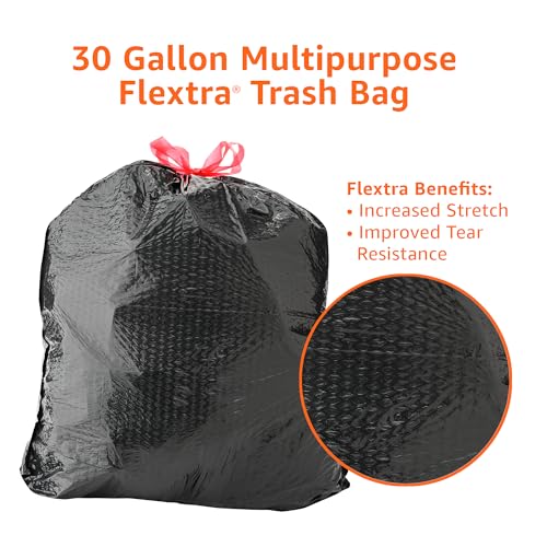 Basics Flextra Multipurpose Drawstring Trash Bags, 30 Gallon, 50 Count, Tear Resistant