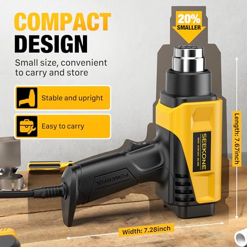SEEKONE 1800W Heat Gun Compact Design Heavy Duty Hot Air Gun 122℉-1202℉(50℃- 650℃)Variable Temperature Control for 2 Speed Settings with 4 Nozzels for Crafts, Vinyl Wrap, Shrink Tubing