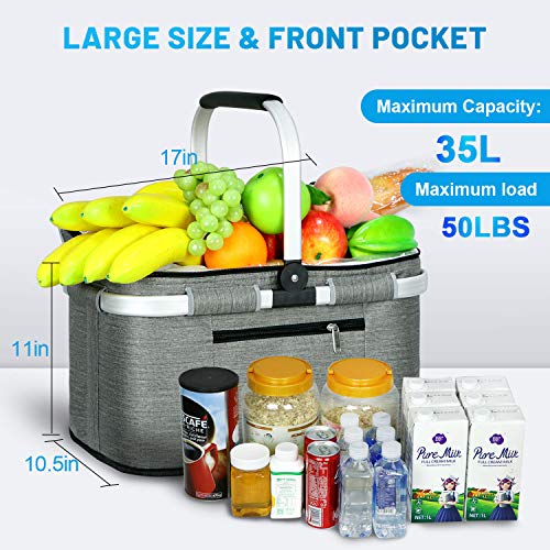 LIQING 35L Large Picnic Basket 2 Layers of Internal Pockets Leak-Proof and Insulated ,Folding with Internal Support for enhansed Stability, Wedding Gifts for Couple(Grey)