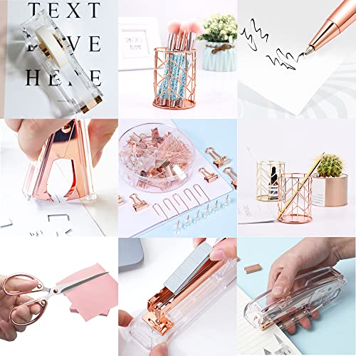 Famassi Rose Gold Desk Accessories,Office Supplies Set Acrylic Stapler Set Staple Remover, Tape Holder, 2 Ballpoint Pen, Scissor, Binder/Paper Clips and 1000pcs Staples.