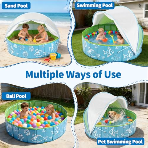 47.3" Foldable Baby Pool with Canopy, Hard Plastic Pool Suitable for Kids Toddler Kiddie, Designed for Use in Backyard, Beach, Park, Blue and Green(No Sprayer)