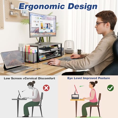 OPNICE Desk Organizer and Accessories, 2-Tier Computer Monitor Stand Riser with Drawer and 2 Pen Holders, Laptop Stand, Office Desk Accessories for Office Supplies, Black