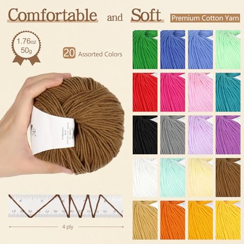 Katech 20 Skeins Cotton Yarn for Crocheting-55% Cotton 45% Acrylic-#3 DK (Light)-Super Soft Milk Cotton Yarn-Great Crochet and Knitting Starter Kit for Colorful Craft(Color A)